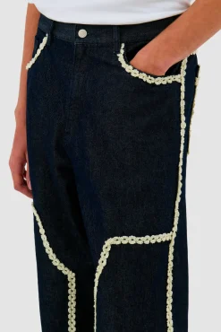 Arte Antwerp Pantalon en denim à bordures fleuries - Dark Wash Marine Best