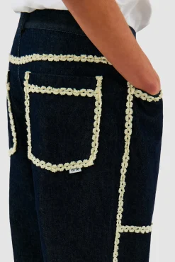 Arte Antwerp Pantalon en denim à bordures fleuries - Dark Wash Marine Best