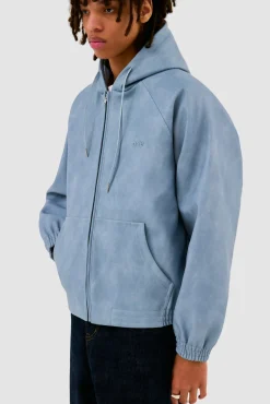 Arte Antwerp Veste à capuche en cuir - Bleu Sale